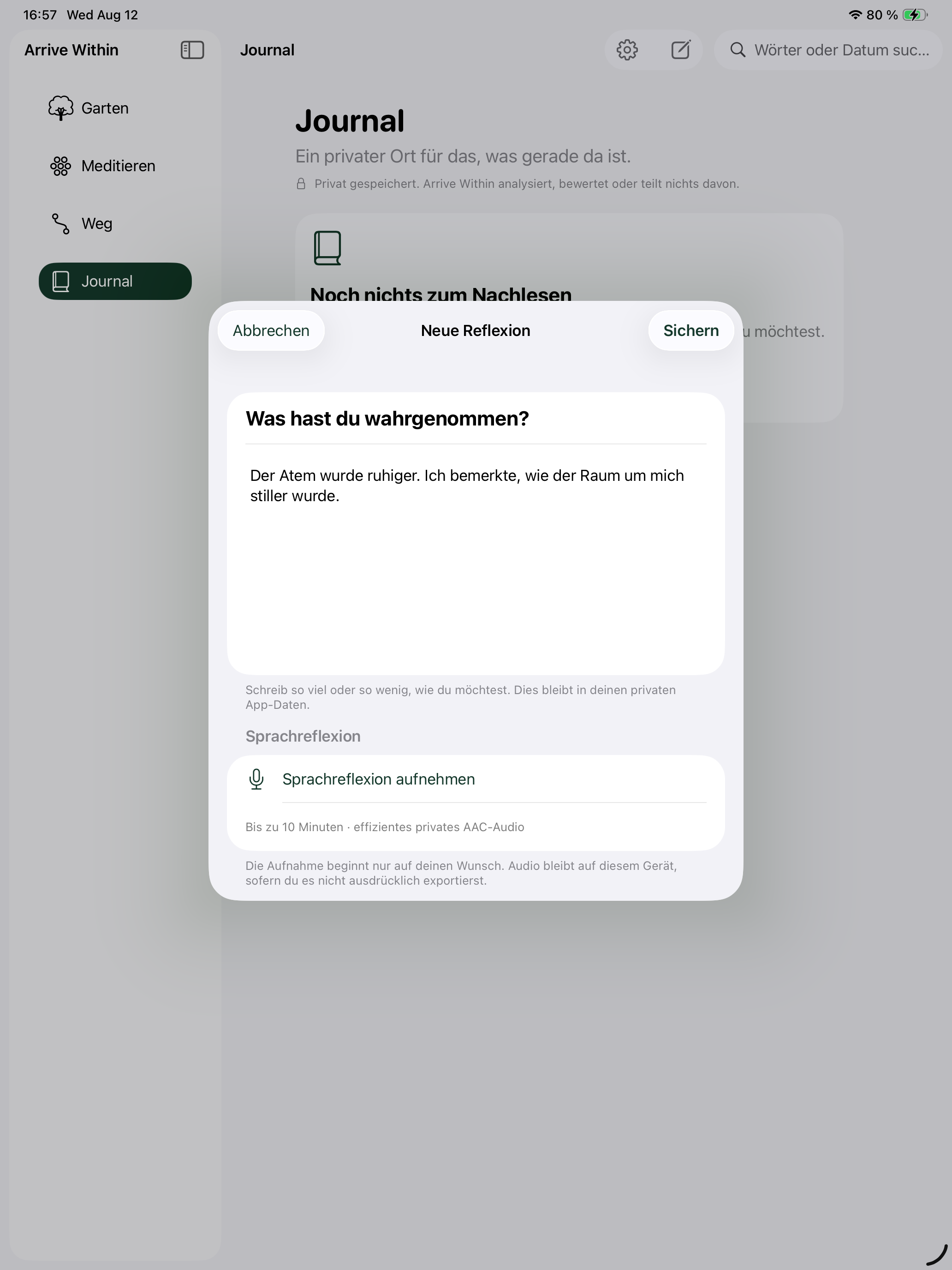 Das private Arrive Within Journal mit Reflexionseditor auf dem iPad.