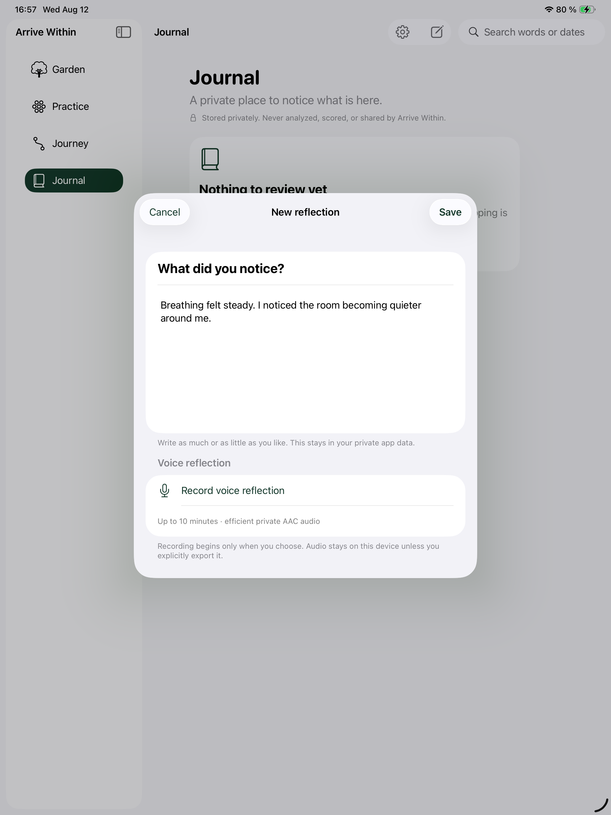 The private Arrive Within journal and reflection editor on iPad.