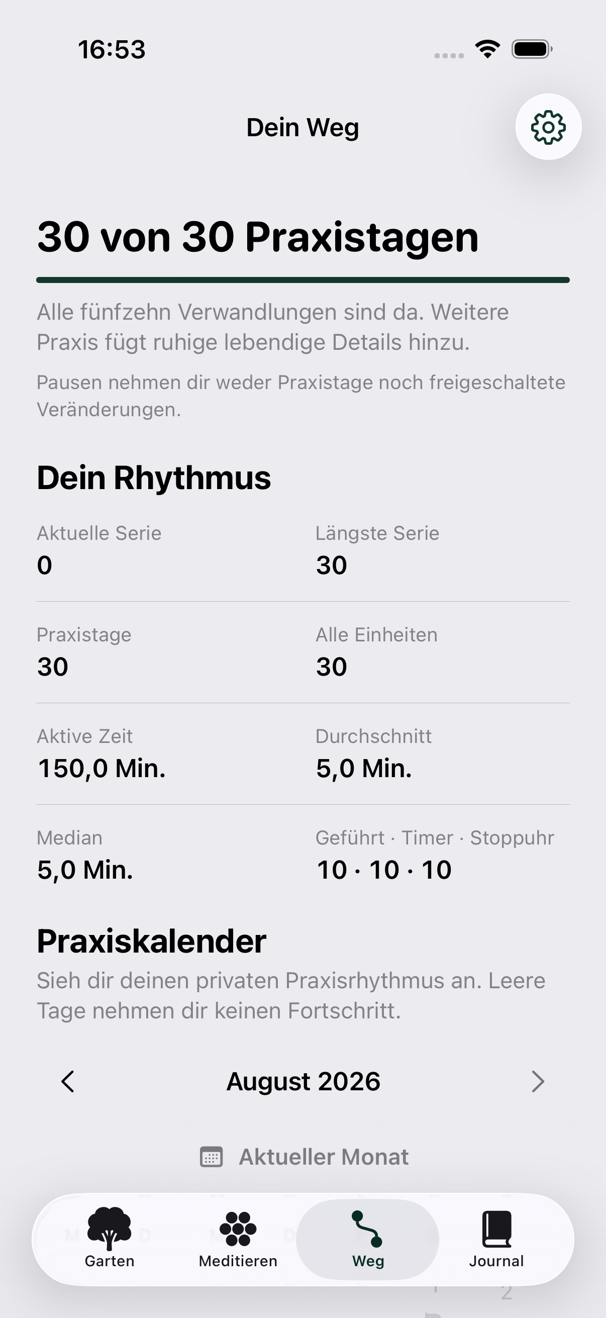 Der private Praxiskalender in Arrive Within zeigt einen ehrlichen Rhythmus ohne Streak-Druck.