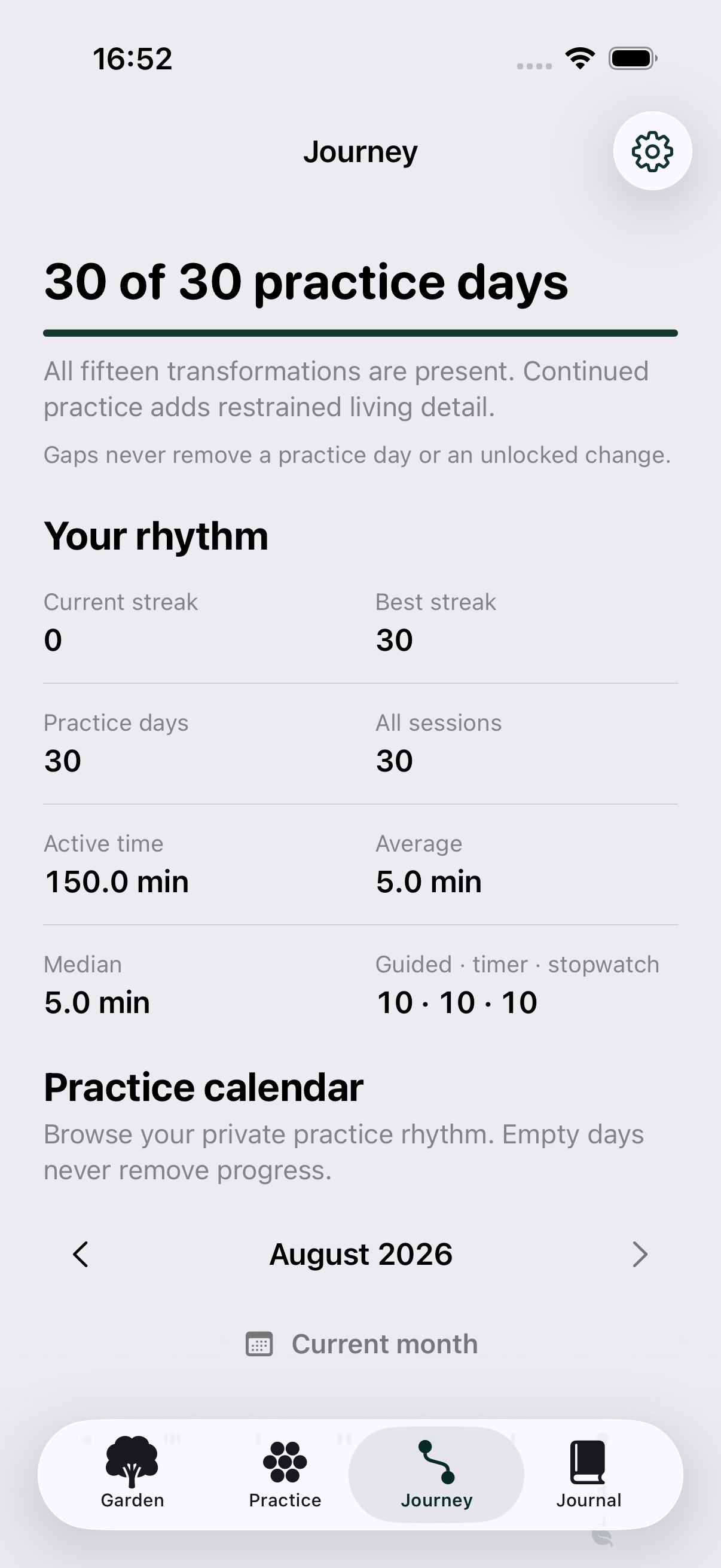 The private Arrive Within practice calendar shows an honest rhythm without streak pressure.