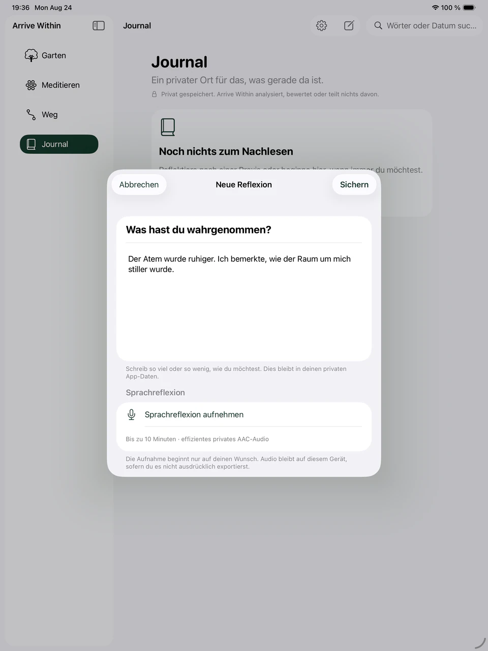 Das private Arrive Within Journal mit Reflexionseditor auf dem iPad.
