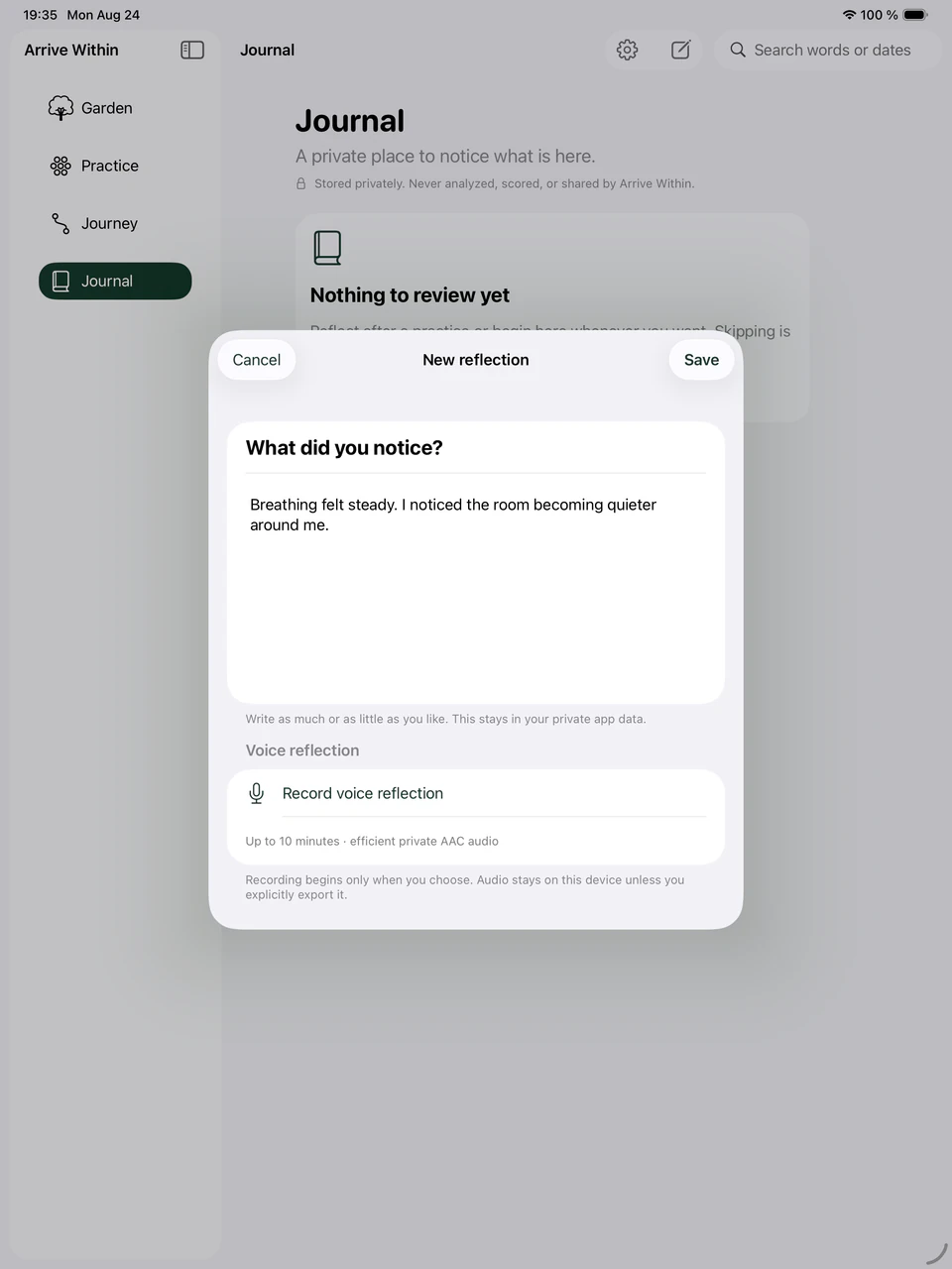 The private Arrive Within journal and reflection editor on iPad.