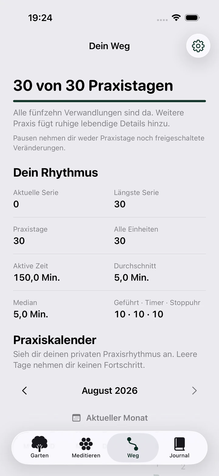 Der private Praxiskalender in Arrive Within zeigt einen ehrlichen Rhythmus ohne Streak-Druck.