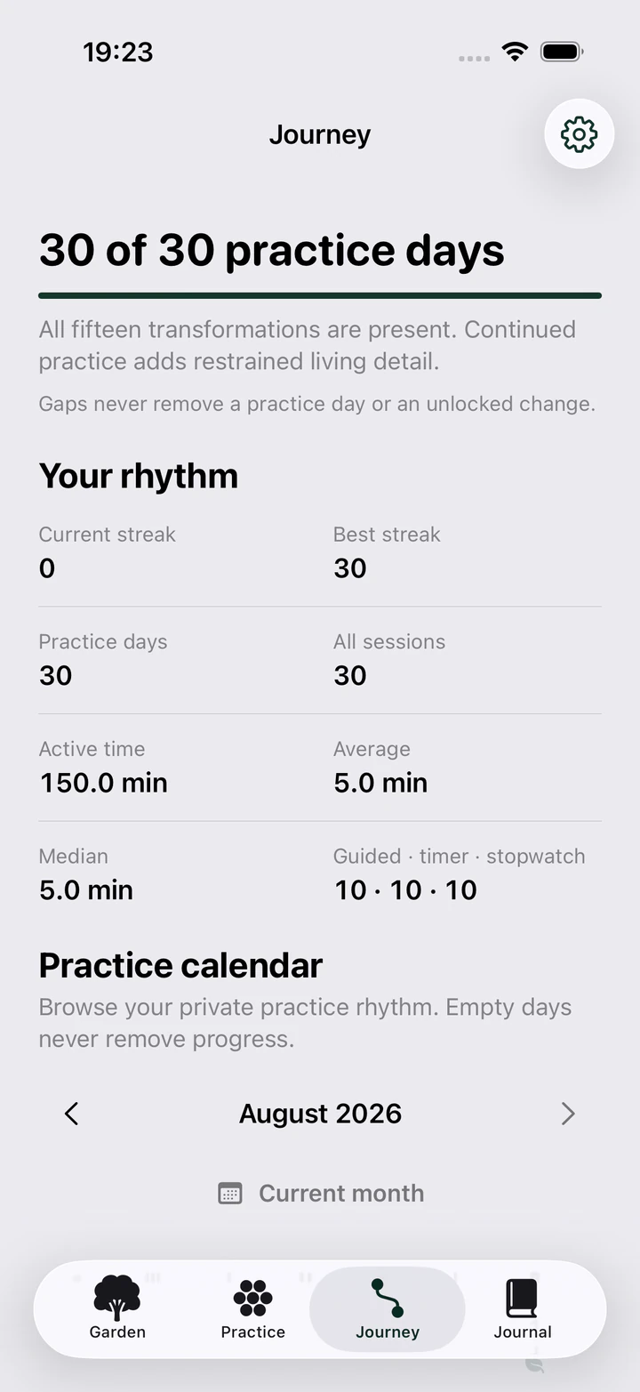 The private Arrive Within practice calendar shows an honest rhythm without streak pressure.